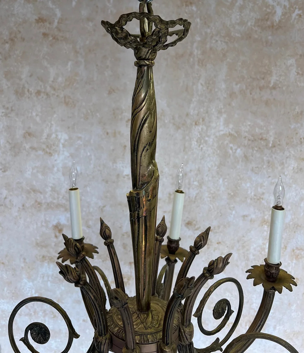 Art Deco Brass and Bronze French 1920's Eight Arm Chandelier